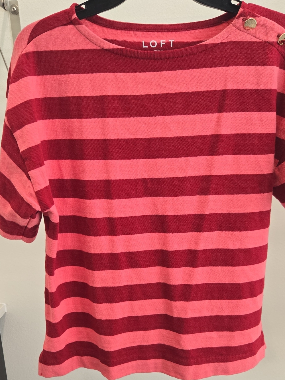 LOFT Two-Tone Pink Striped Short Sleeve Tee with Shoulder Buttons